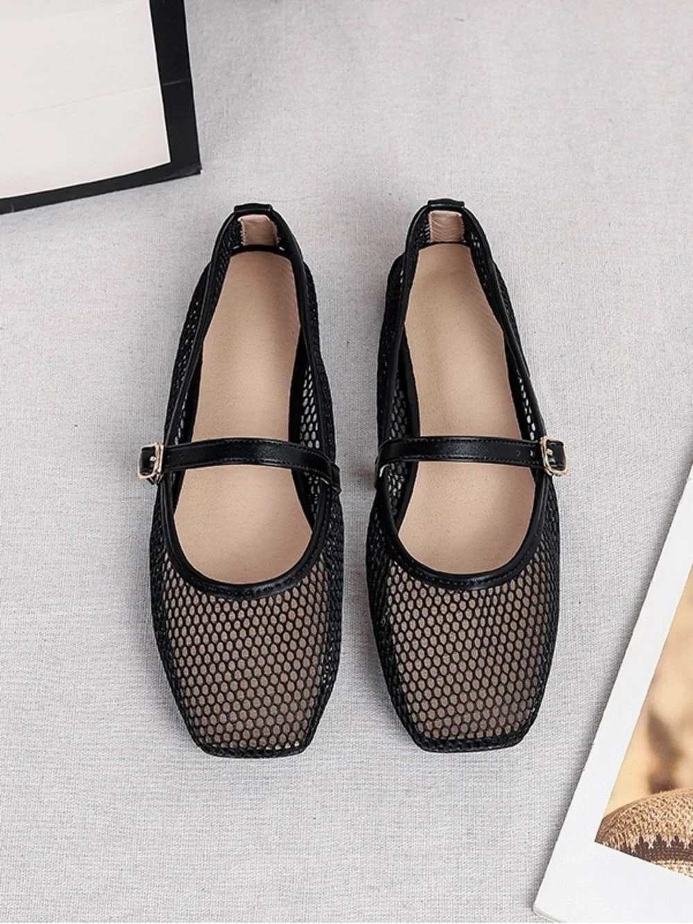 Neutral Beige Mary Jane Mesh Flats with Adjustable Strap